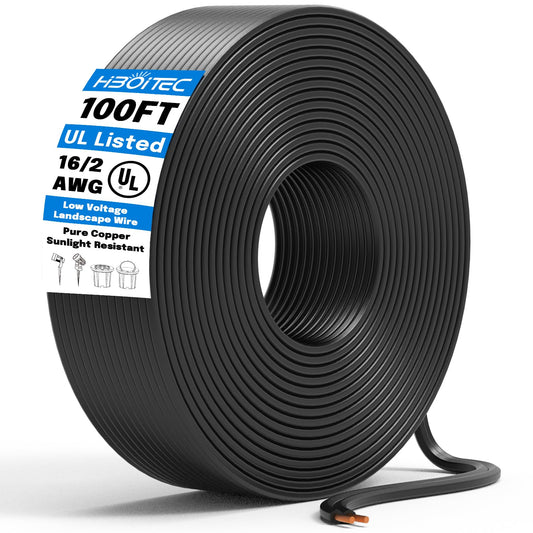 HIBOITEC 16 Gauge Wire, 16/2 Low Voltage Landscape Wire 100FT Copper 16 AWG 2 Conductor Electric Wire SPT-2 PVC Cord Oxygen-Free UL Listed for Landscape Lighting