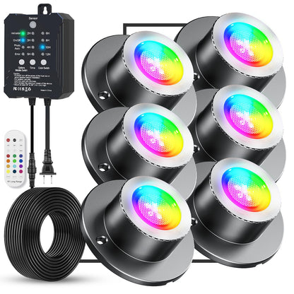 HIBOITEC Projecteurs de bassin LED, lampe de fontaine sous-marine RVBWW avec transformateur de minuterie 12V, capteur de lumière photoélectrique, lumières sous-marines extérieures étanches IP68 pour bassins de jardin extérieurs, 6 têtes
