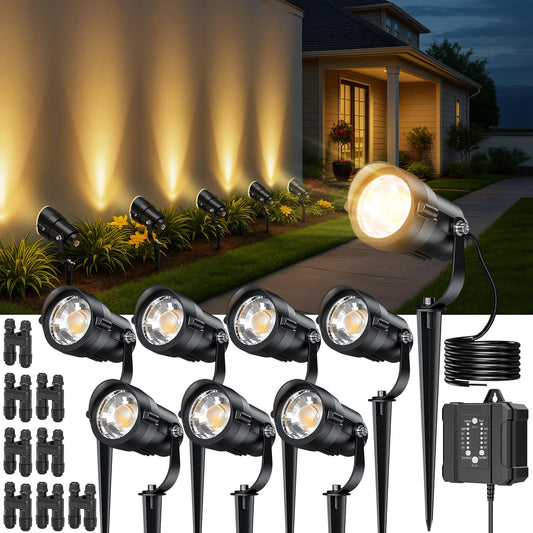 HIBOITEC Low Voltage Landscape Lighting 12W with Connectors 100W Transformer Photocell Sensor and Timer Spotlights Landscape Lights Kit IP65 Waterproof 2900K for House Yard Trees,Warm White