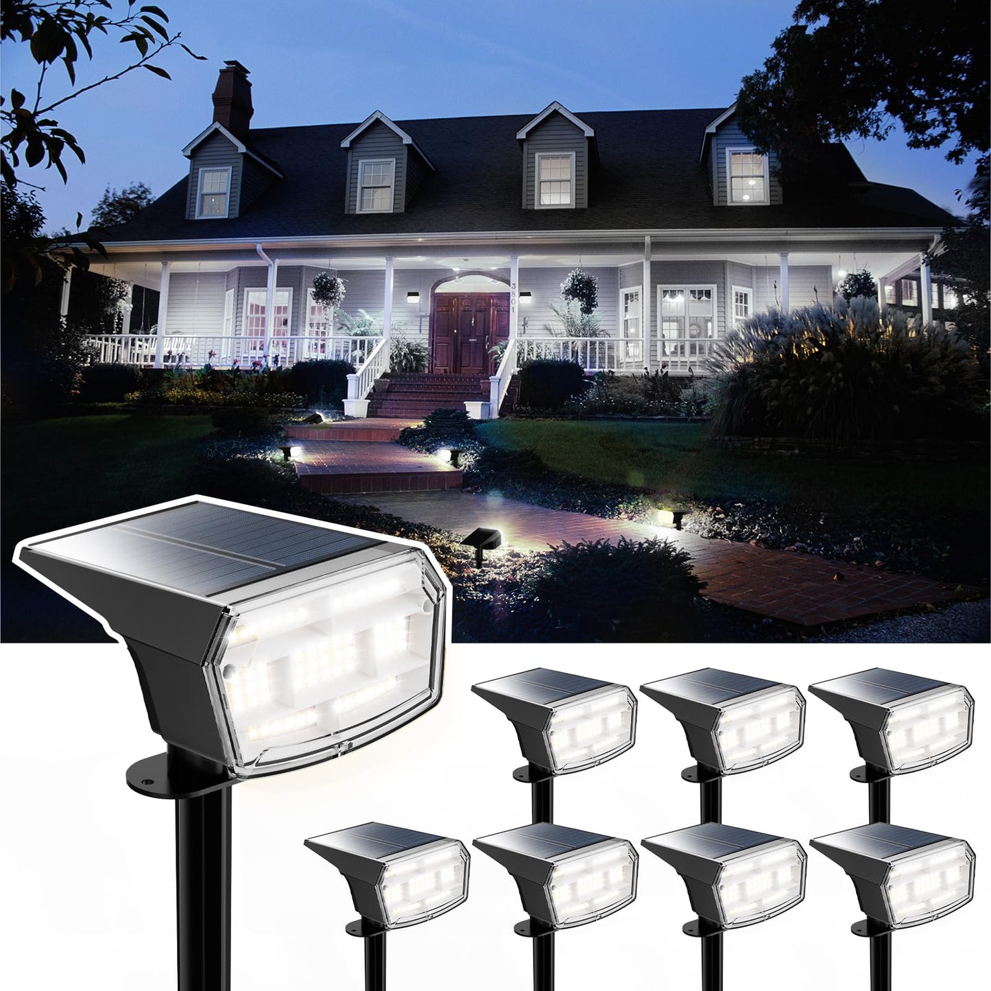 HIBOITEC Projecteurs Solaires Extérieurs 59 LED 3 Modes d'Éclairage Lampes Paysagères à Énergie Solaire Spots Étanche Luminosité Réglable Du Crépuscule à l'Aube pour Jardin Cour Arbres Blanc Froid