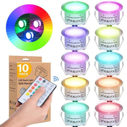 HIBOITEC 10PCS Low Voltage Recessed RGB Deck Lamp φ42mm with Remote Control, LED Deck Lights Kit IP67 Waterproof 12V Low Voltage In Ground Outdoor LED Landscape Lighting for Yard Garden Patio Stair Color: R-G-B-W
