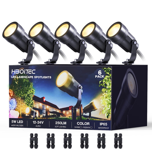 HIBOITEC Lot de 12 projecteurs d'extérieur basse tension, 5 W LED, avec connecteurs Fastlock, blanc chaud 2900 K, 12-24 V AC/DC étanches pour arbres, jardins et murs, IRC92+