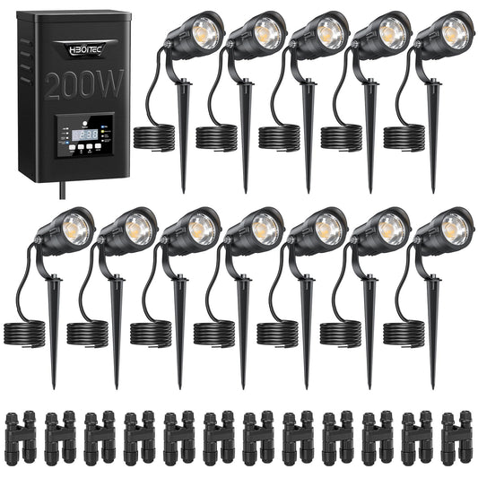 HIBOITEC Low Voltage Landscape Lighting 12W with Connectors 200W Transformer Photocell Sensor and Timer Spotlights Landscape Lights Kit IP65 Waterproof 2900K for House Yard Trees