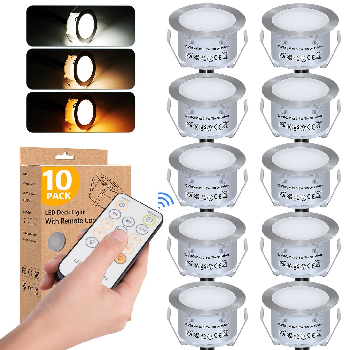 HIBOITEC Recessed LED Deck Light Kits with Remote Control φ42mm, Deck Lighting IP67 Waterproof, 12V Low Voltage In Ground Outdoor LED Landscape Lighting for Yard, Garden, Patio, Stair