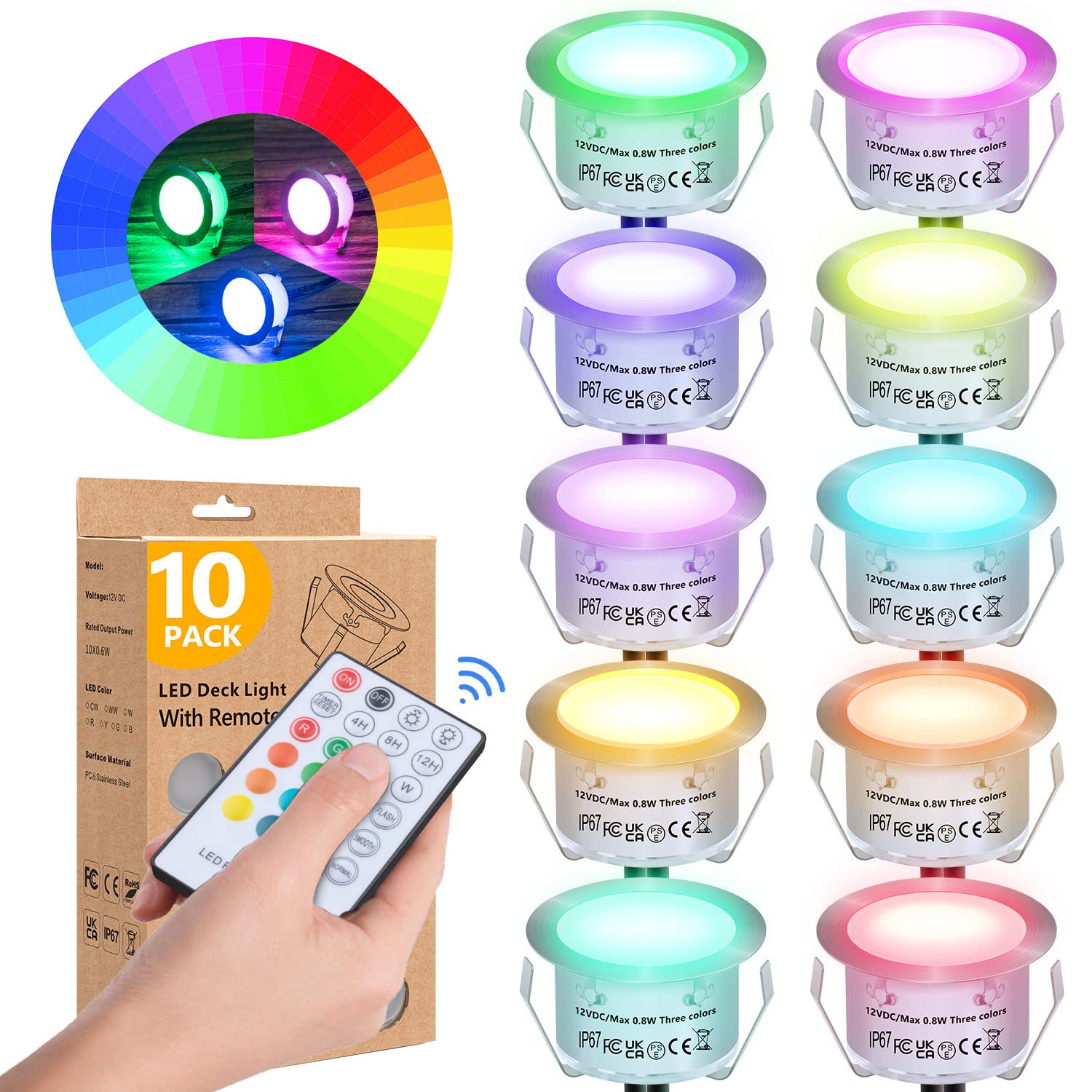RGB Recessed Deck Lights Kit with Remote Control, IP67 Waterproof
