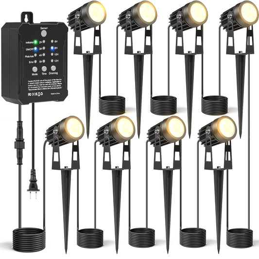 HIBOITEC Low Voltage Landscape Lighting with Transformer Photocell Sensor and Timer Spotlights Kit 68FT ETL Approved Wire Dimmable Waterproof 2700K for House Yard Trees Garden Plants Outdoor