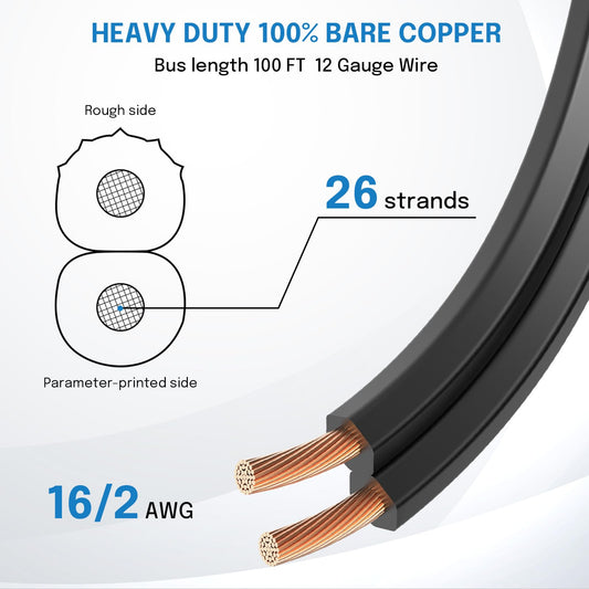 Câble HIBOITEC de calibre 16, câble de paysage basse tension 16/2, 30 m (100 pi) en cuivre 16 AWG, 2 conducteurs, fil électrique SPT-2 en PVC sans oxygène, homologué UL pour éclairage de paysage