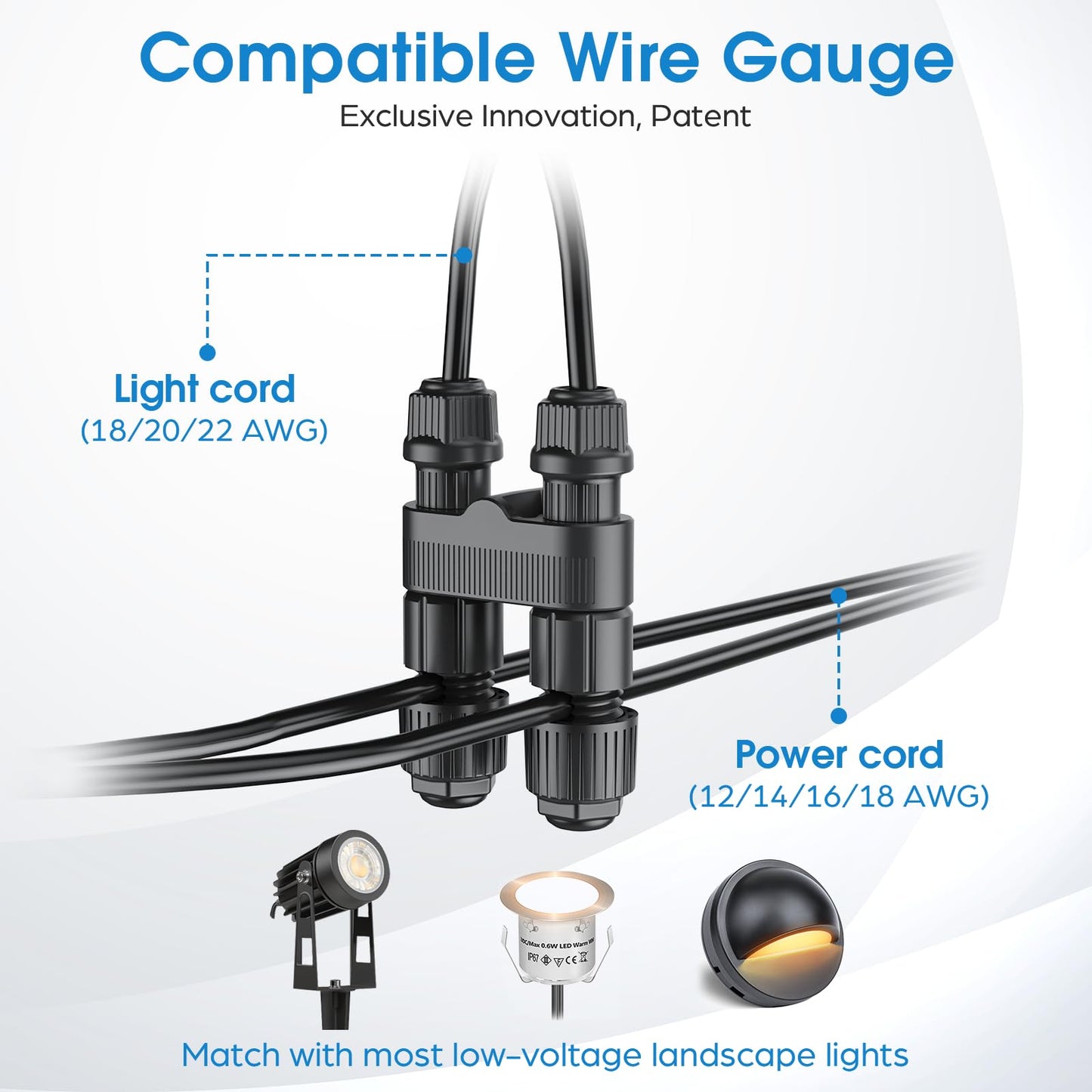 Connecteurs de fils HIBOITEC pour projecteurs/bornes lumineuses/spots encastrables/marchepieds de bureau basse tension extérieurs, connecteurs d'éclairage paysager étanches de calibre 12-18