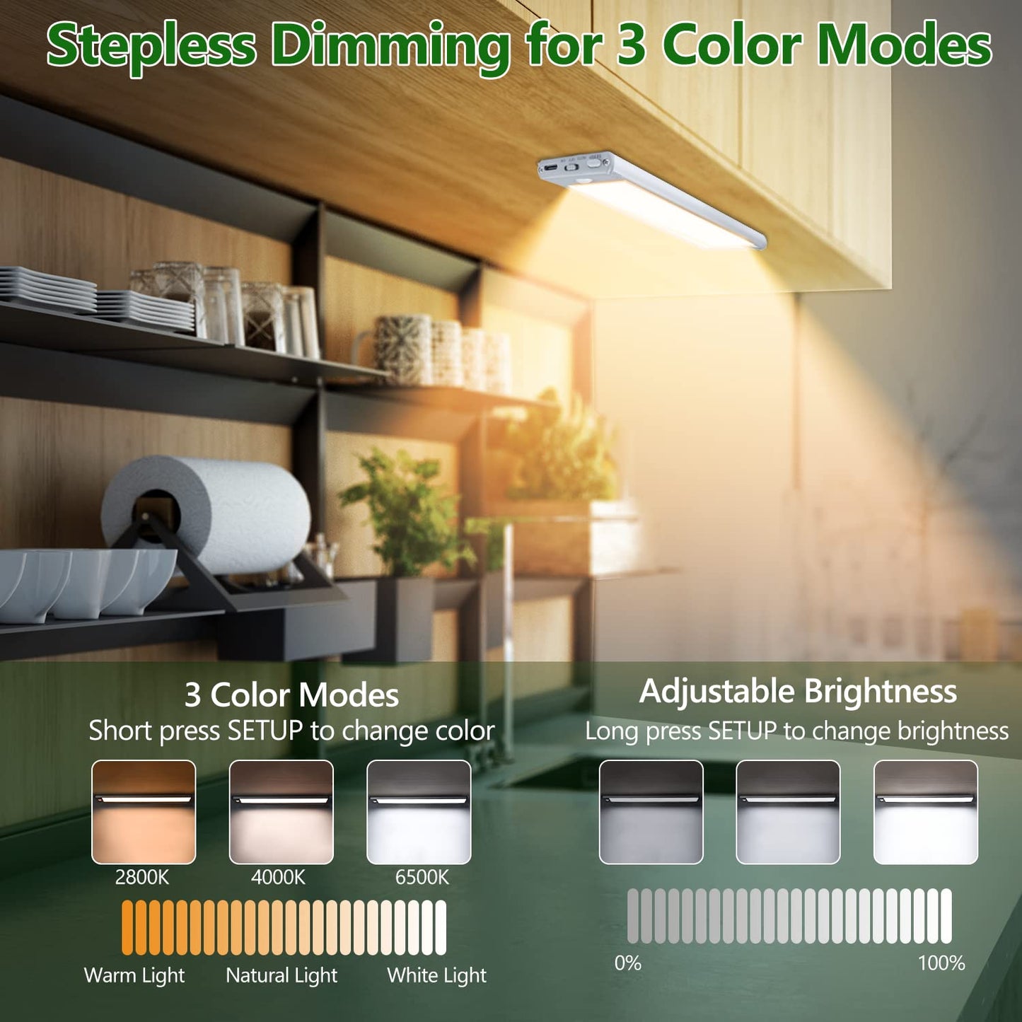 HIBOITEC Under Cabinet Lighting Motion Sensor Lights Indoor, 3 Color Temperatures Wireless Rechargeable Closet Light, Dimmable Under Counters Light for Kitchen, Wardrobe, Closets, Cupboard, 1Pack