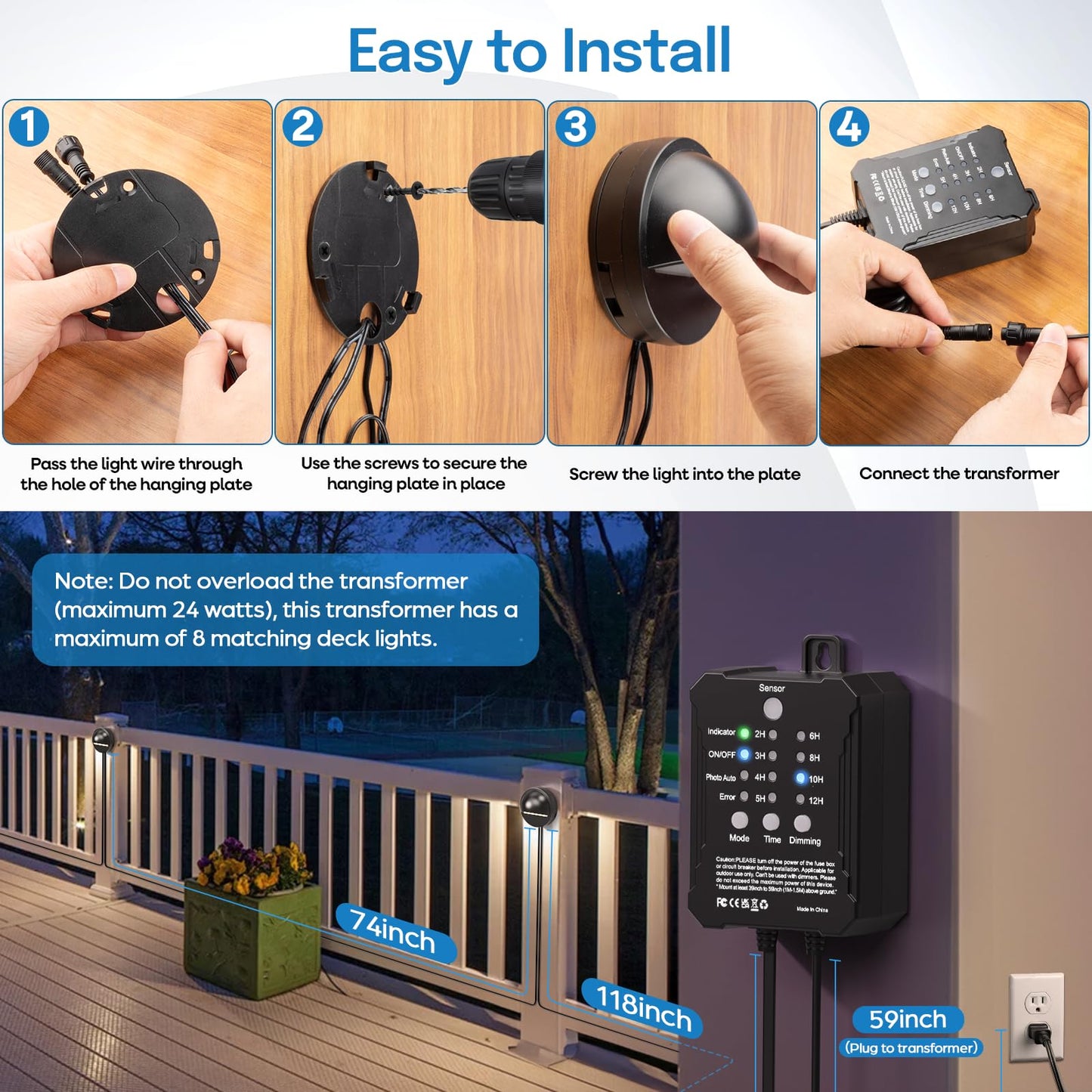 HIBOITEC Niedervolt-Terrassenbeleuchtungsset mit Transformator, Fotozellensensor und Timer, IP67 wasserdichte Zaunleuchten, UL-gelisteter Draht für Garten-, Terrassen- und Landschaftsbeleuchtung, Gehwege, Stufen, Warmweiß, 8er-Pack