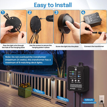 HIBOITEC Niedervolt-Terrassenbeleuchtungsset mit Transformator, Fotozellensensor und Timer, IP67 wasserdichte Zaunleuchten, UL-gelisteter Draht für Garten-, Terrassen- und Landschaftsbeleuchtung, Gehwege, Stufen, Warmweiß, 8er-Pack
