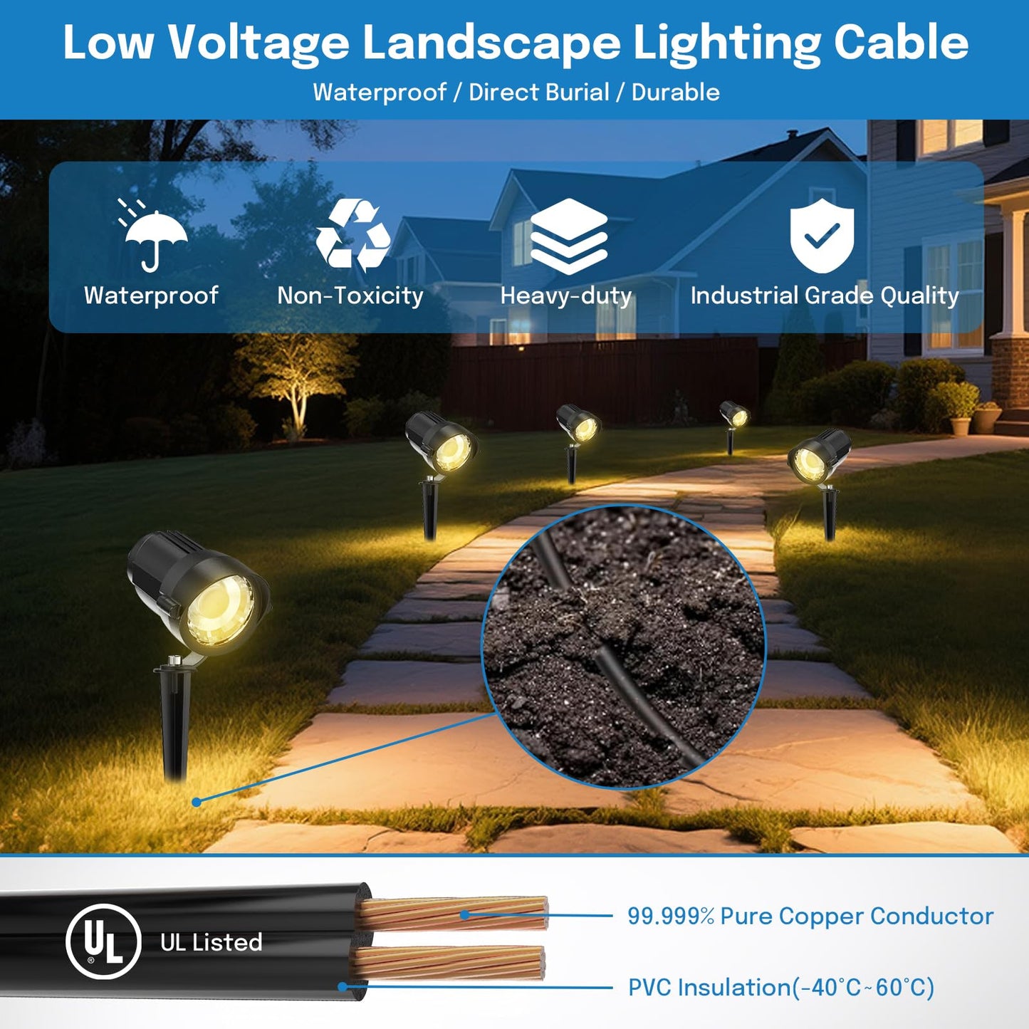 Câble HIBOITEC de calibre 16, câble de paysage basse tension 16/2, 30 m (100 pi) en cuivre 16 AWG, 2 conducteurs, fil électrique SPT-2 en PVC sans oxygène, homologué UL pour éclairage de paysage
