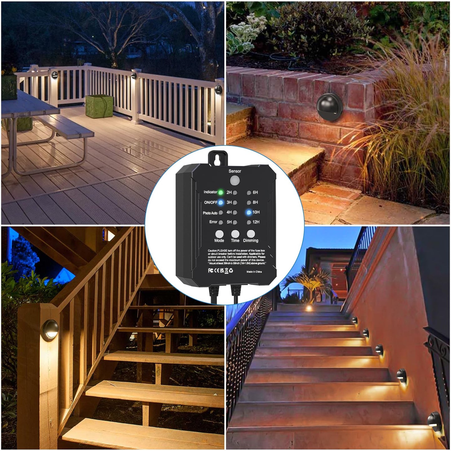 HIBOITEC Niedervolt-Terrassenbeleuchtungsset mit Transformator, Fotozellensensor und Timer, IP67 wasserdichte Zaunleuchten, UL-gelisteter Draht für Garten-, Terrassen- und Landschaftsbeleuchtung, Gehwege, Stufen, Warmweiß, 8er-Pack