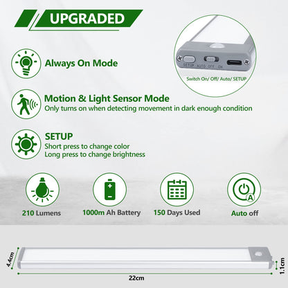 HIBOITEC Under Cabinet Lighting Motion Sensor Lights Indoor, 3 Color Temperatures Wireless Rechargeable Closet Light, Dimmable Under Counters Light for Kitchen, Wardrobe, Closets, Cupboard, 1Pack