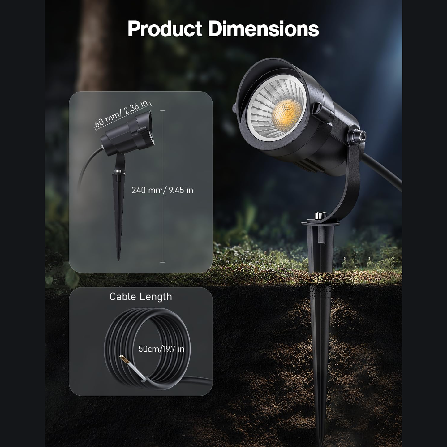 HIBOITEC Projecteurs extérieurs 12W 110V à 120V Éclairage paysager Spot étanche avec câble de 1,5m et prise à 3 broches, Lampes de jardin à brancher pour décorations de cour et de jardin 2900K, Blanc chaud
